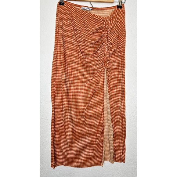 Zara Women Midi Straight Skirt Large Orange Gingham Ruched High Slit Stretch - Picture 1 of 10